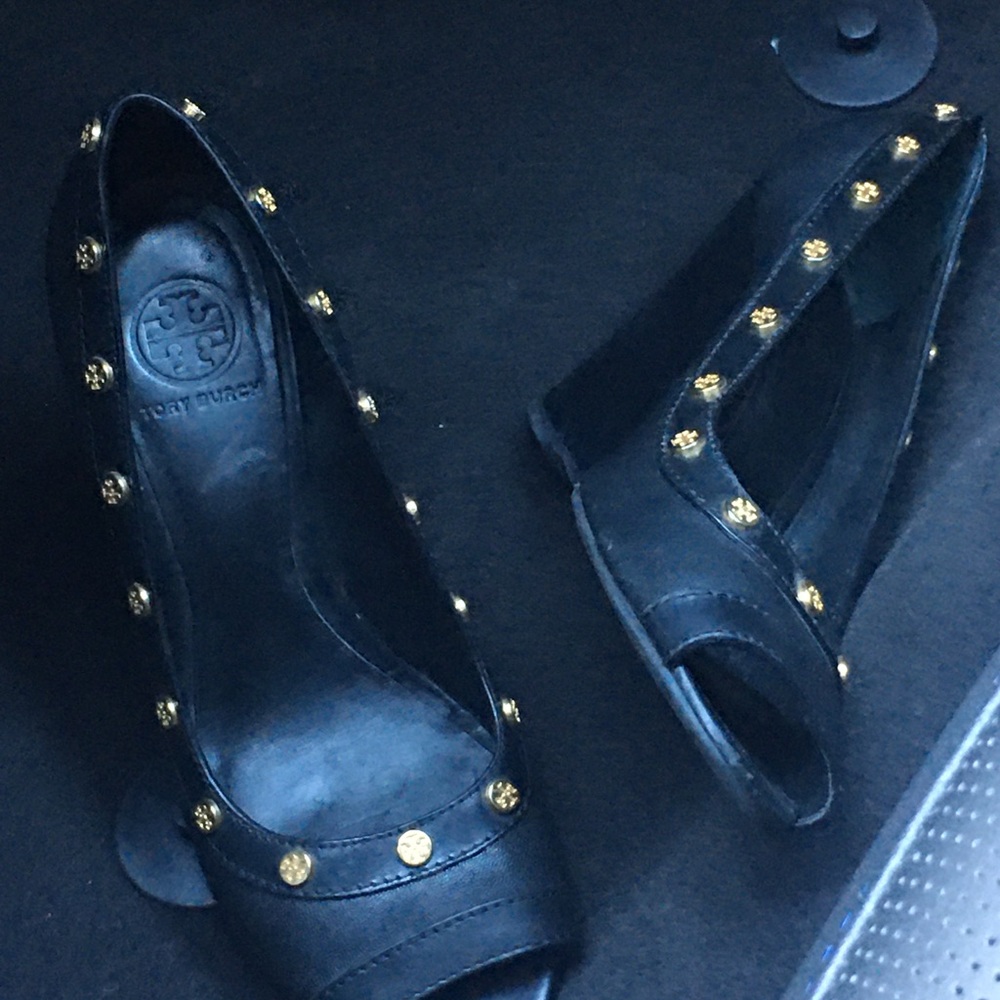 Tory Burch Black Wedge Sandals with Gold Studs